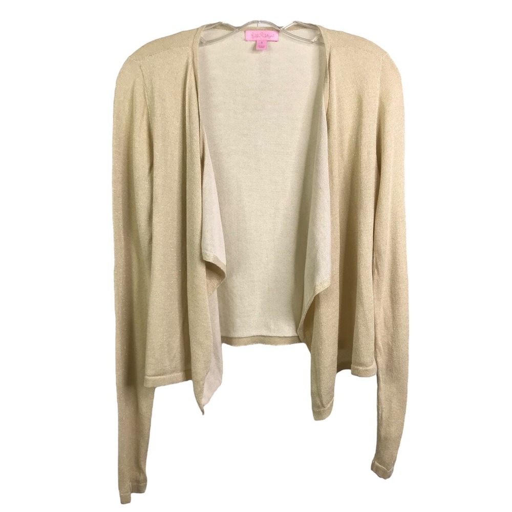 Lilly‎ Pulitzer Colony Cardigan Drape Open Front Sweater Metallic Gold Beige S